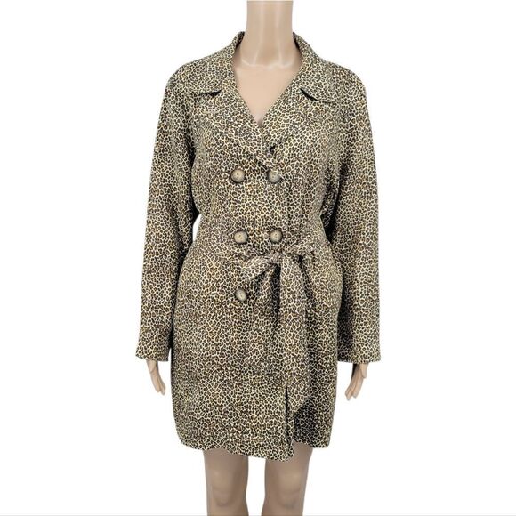 Tasha Polizzi Trench Coat Vintage Linen Leopard Print Double Breasted - Picture 1 of 13